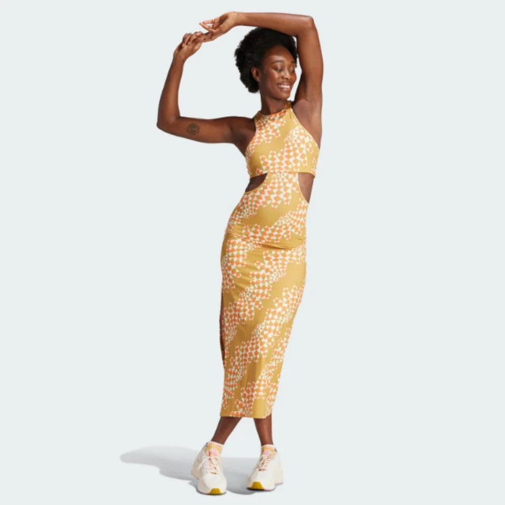 NWT FARM Rio Victory Gold Abstract Wave Print Midi Dress Adidas Collab - Picture 1 of 7